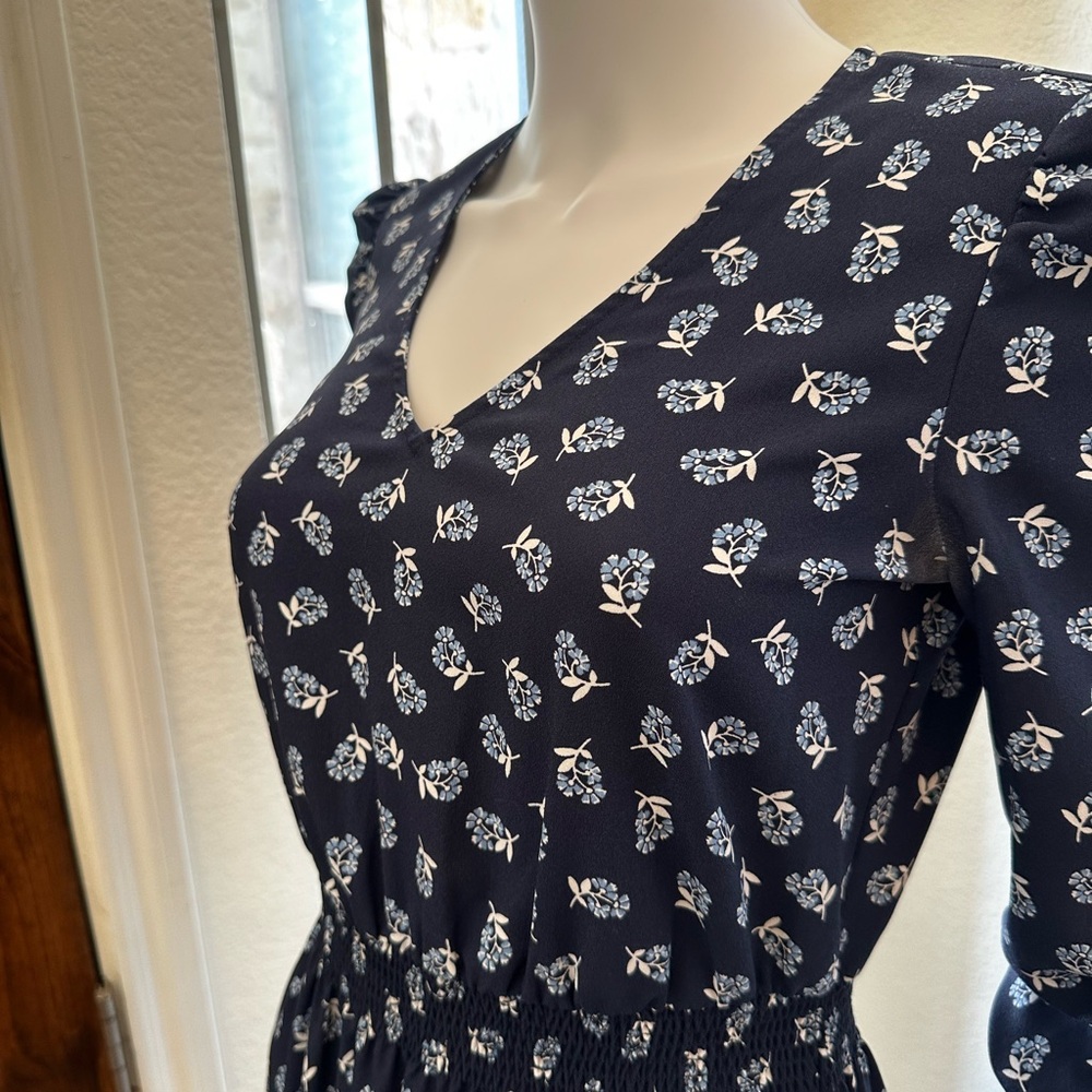 Draper James Navy Blue Floral V-Neck Midi Dress XS